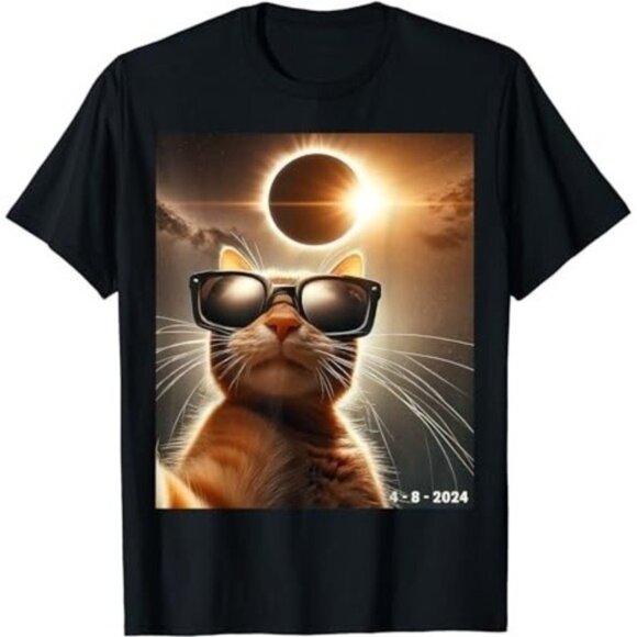 LaNess Tops - Cat Taking A Selfie With Solar 2024 Eclipse Wearing Glasses T-Shirt